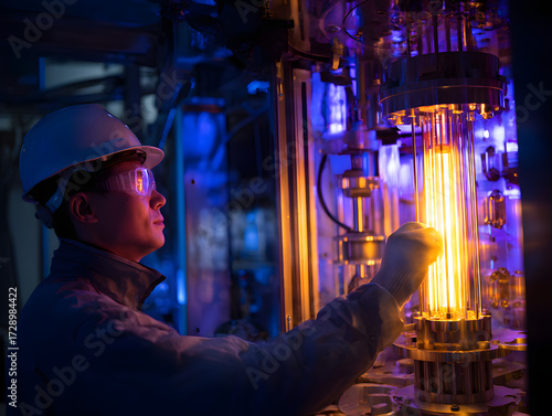 Worker in hard hat and safety glasses inspects glowing plasma inside futuristic laboratory, surrounded by advanced technology and illuminated by blue and orange light