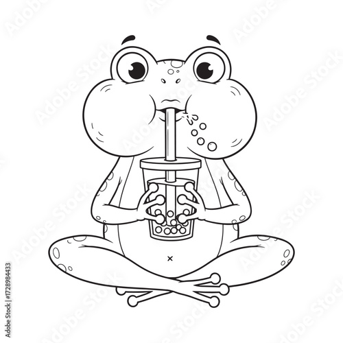 Frog Sipping Bubble Tea: A whimsical illustration captures a charming frog taking a refreshing sip from a cup of bubble tea, showcasing a playful and delightful moment of leisure.