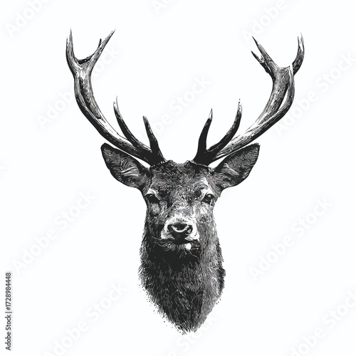 Detailed portrait of a wild stag, with large antlers, in a monochrome style