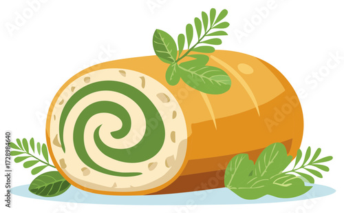 Savory Swiss Roll with Green Filling and Basil Leaves Illustration