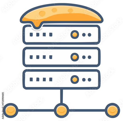 Servers are illustrated by a burger. Server rack concept of data storage. Cartoon burger, network connection.