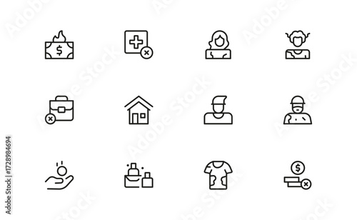 Poverty and Social Justice Line Icon Set. Inequality, need, human struggle, and critical socio-economic challenges and more.