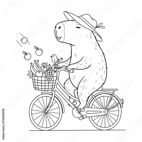 Capybara's Cycle: A charming capybara enjoys a leisurely bike ride, its basket overflowing with fresh produce, capturing a blend of fun, travel and natural life.