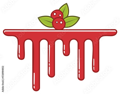 Delicious red fruit syrup dripping with fresh berries and green leaves flat illustration