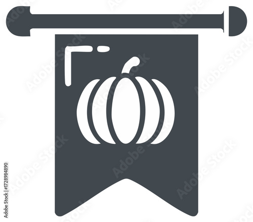 Stylized pumpkin graphic on a dark pennant banner icon