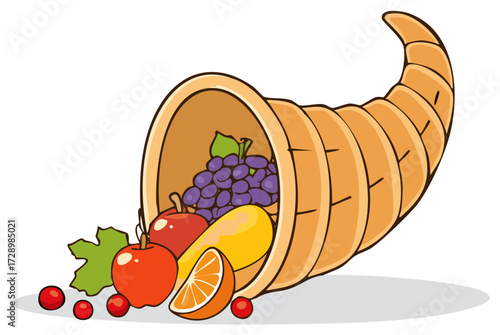 Cornucopia Illustration Filled with Fruits Symbolic for Harvest Thanksgiving Celebration
