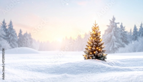Illuminated christmas tree in snow, winter landscape