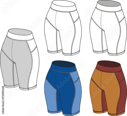 Technical Fashion Flat Template Set of Women's Athletic or Biker Shorts with Contouring Seam Panels, High Waist, and Color Block Options for Activewear Design Vector.