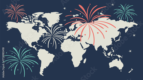Celebrate Global Festivities With This World Map and Fireworks Display, Ideal for International Celebrations and Worldwide Events, Perfect for Holiday Greetings