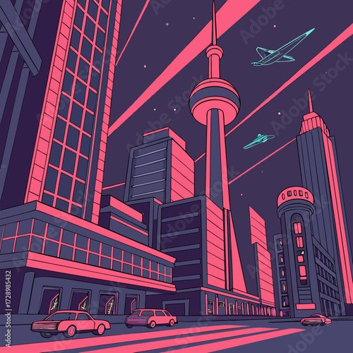 Spectacular futuristic city skyline at night with tower, spaceships, buildings, cars, and streetlights creates a vibrant, modern cityscape scene