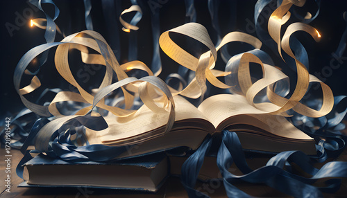 A sacred tome hovering in emptiness, its pages alive with living radiance.