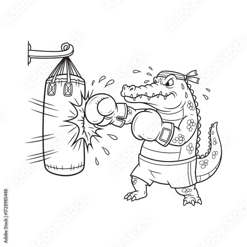 Fierce Gator's Boxing Fury: A cartoon alligator, fueled with determination, unleashes a powerful punch on a boxing bag, in a dynamic illustration that embodies strength and relentless fighting spirit.
