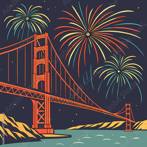 Spectacular fireworks illuminate iconic bridge, celebrating special occasion, perfect for travel promotions, event posters, and festive designs with a touch of wonder
