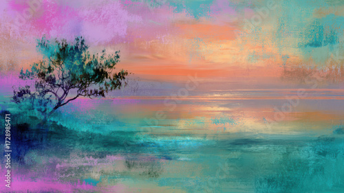 A single tree standing alone in an open landscape. Colorful painting.