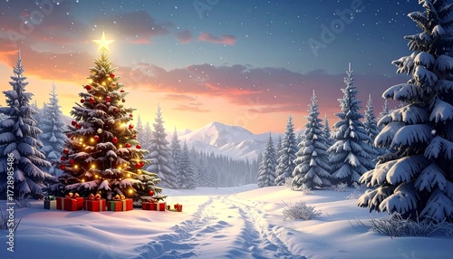 Illuminated christmas tree with presents in winter landscape