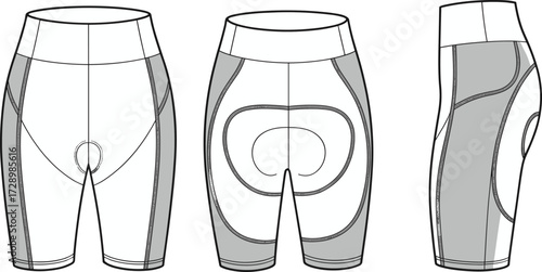 Technical Fashion Flat Drawing of Women's Cycling Shorts with a High Waistband, Ergonomic Panel Construction, and Chamois Pad for Biking and Performance Activewear Design Vector.