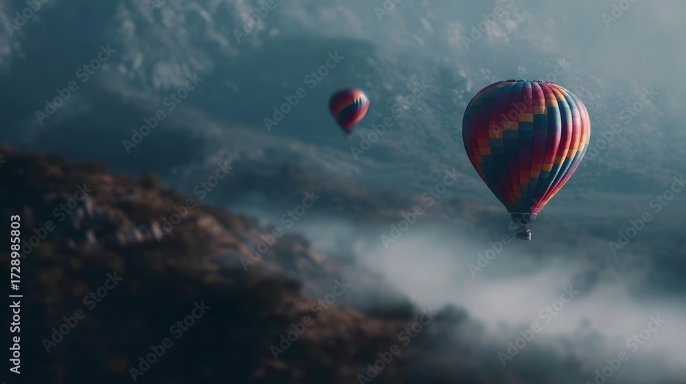 Fototapeta premium Vibrant hot air balloons glide over a misty mountainous landscape at dawn evoking a sense of adventure and escape