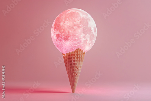 Creative surreal concept of full moon shaped like pink ice cream scoop on waffle cone, minimal fantasy artwork blending astronomy with dessert imagination