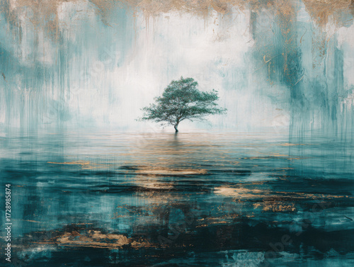 A single tree standing alone in an open landscape. Colorful painting.