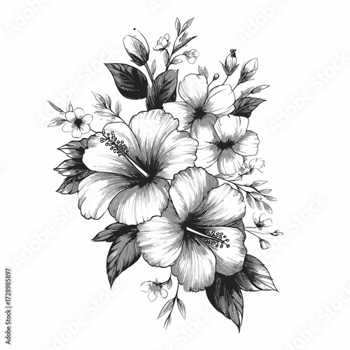 Floral Bouquet Grayscale vector artwork with detailed hibiscus, leaves, and buds