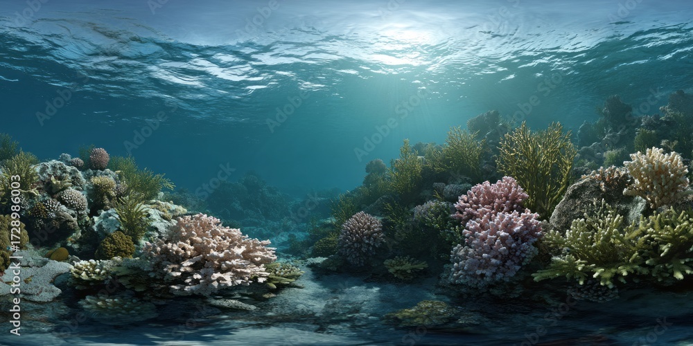 Fototapeta premium Underwater coral reef ecosystem hdri panoramic view equirectangular environment