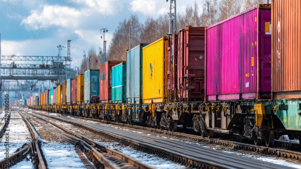 Fototapeta premium A colorful freight train transports cargo on a sunny day, railway logistics showing the global distribution of goods on transportation network, industry and economy.