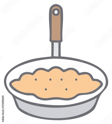 Cartoon Frying Pan with Scrambled Eggs Breakfast Meal Cooking