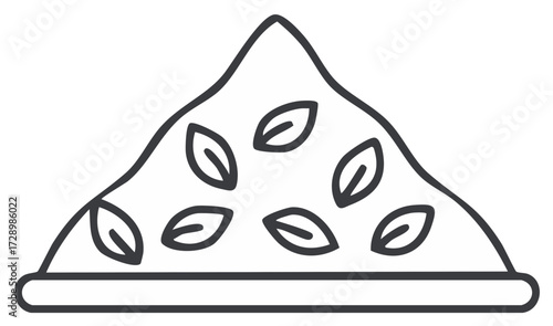 Outline illustration of a pizza slice with leaf toppings