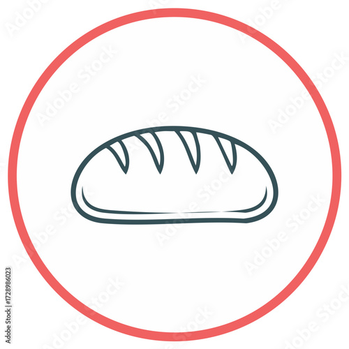 Loaf of bread outline on white background with red circle, baked bread in a round frame