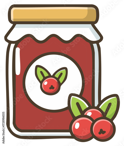 Illustration of Jar Filled with Cranberry Jam with Berries on Label and Side for a Sweet Treat
