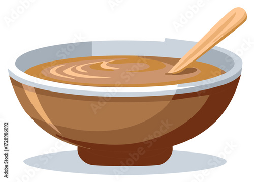 Ceramic bowl of thick brown soup or stew with a wooden spoon illustration for a simple meal
