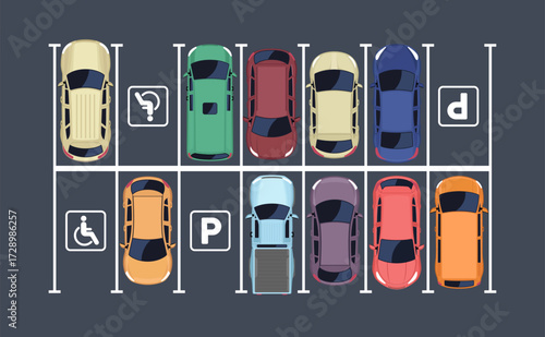 Top view of cars in parking area. Vector illustration