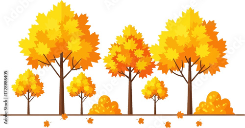 Colorful autumn trees with vibrant orange and yellow leaves against a black background