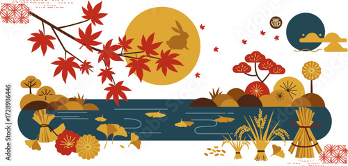Elegant autumn night scene with serene river and vibrant foliage in warm tones under full moon