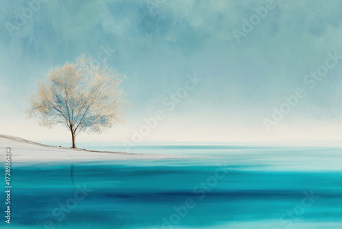 A single tree standing alone in an open landscape. Colorful painting.