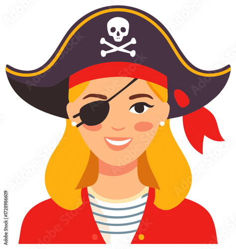Cheerful cartoon illustration of a smiling female pirate in a costume with an eyepatch and hat