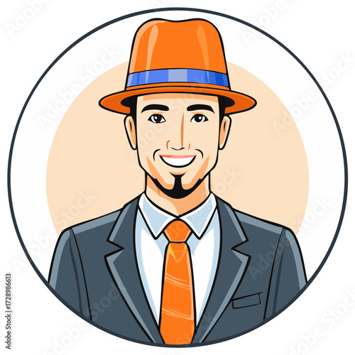 Smiling man with hat, suit, and tie in round illustration