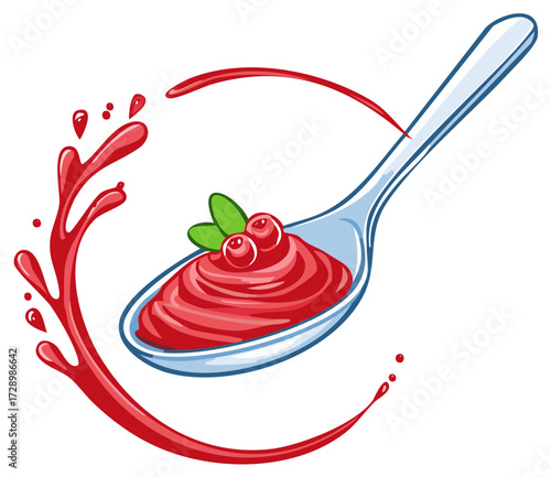 Spoonful of Cranberry Sauce with Splash, Featuring Red Berries and Fresh Green Leaves