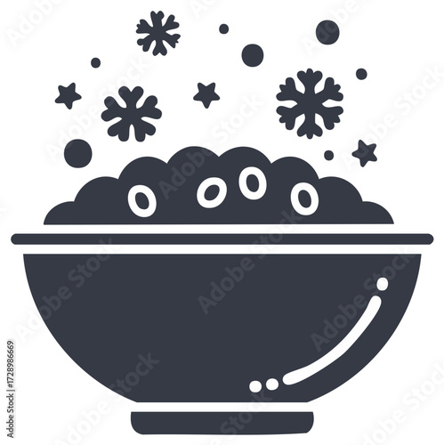 Bowl of popcorn with festive snowflakes and stars flying out