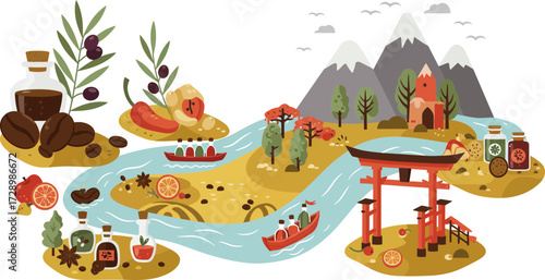 Serene Japanese Landscape Featuring Mount Fuji Traditional Torii and Lush Nature