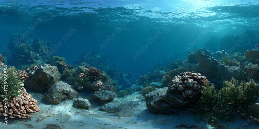 Fototapeta premium Underwater coral reef ecosystem hdri panoramic view in vibrant ocean environment
