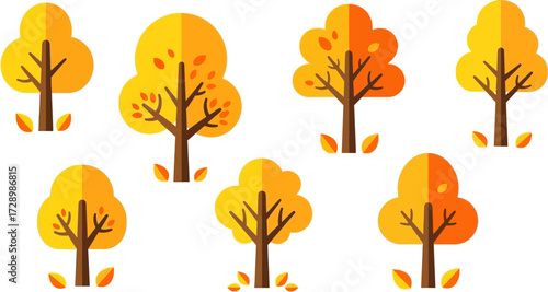 Stylized autumn tree illustrations with vibrant orange and yellow foliage on a black background