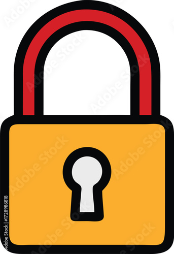 A detailed illustration of a secure golden padlock with a red handle. The lock is depicted with a keyhole and a sleek design