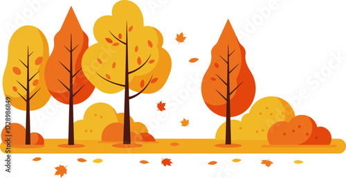 Stylized autumn trees with falling leaves and vibrant fall foliage scene