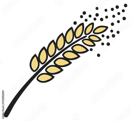 Stylized wheat ear with scattered grains illustration symbolizes harvest time and agricultural abundance in minimalist design