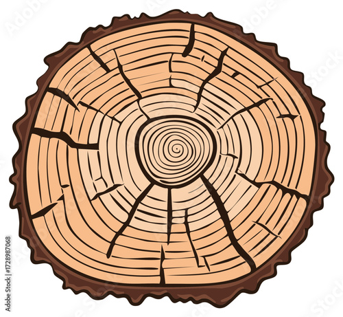 Close up of a tree ring cross section showing growth patterns and bark texture