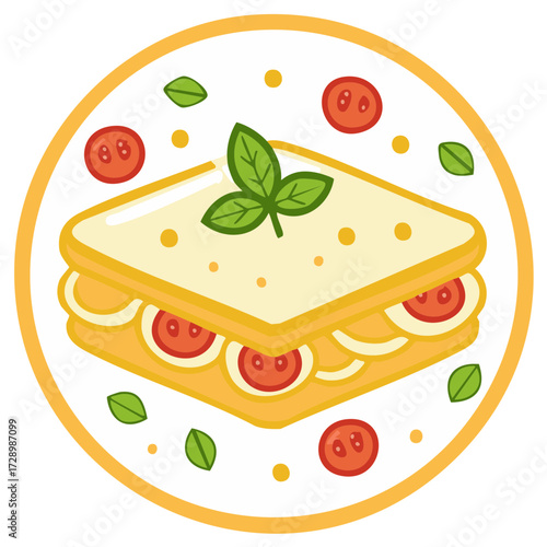 Sandwich Illustration with tomato slices, basil and a yellow background