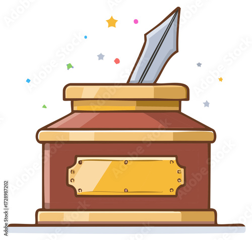 Cartoon antique inkwell with golden nameplate and quill pen surrounded by colorful confetti for celebrations