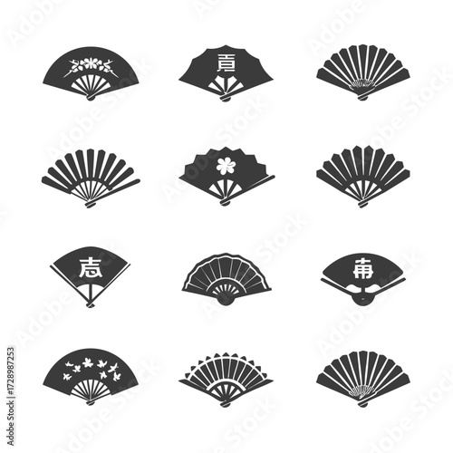 Assortment of hand fan icons with varying patterns and Japanese characters