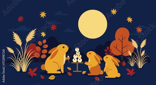 Whimsical nighttime scene featuring adorable rabbits enjoying a moonlit feast amidst autumnal